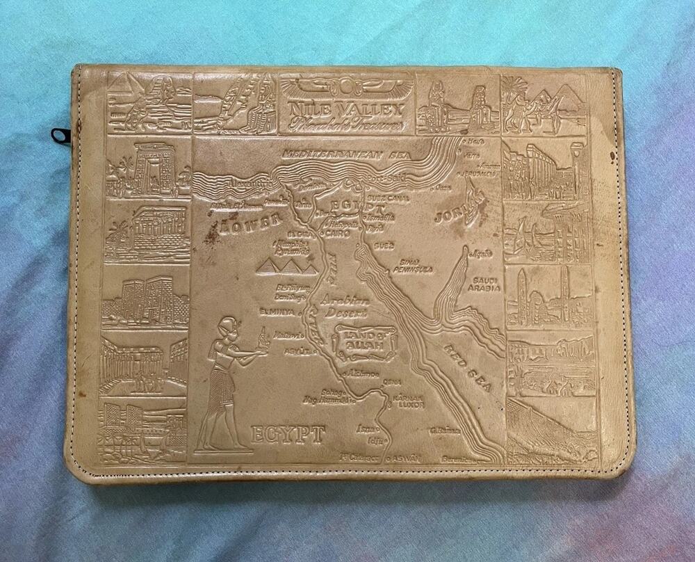 Vintage Egyptian Tooled Leather Photo Album Folio Document Holder Zip 60s 70s